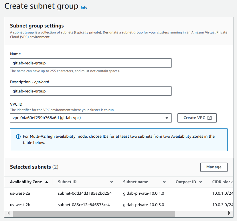 Create a subnet group for the GitLab Redis group.